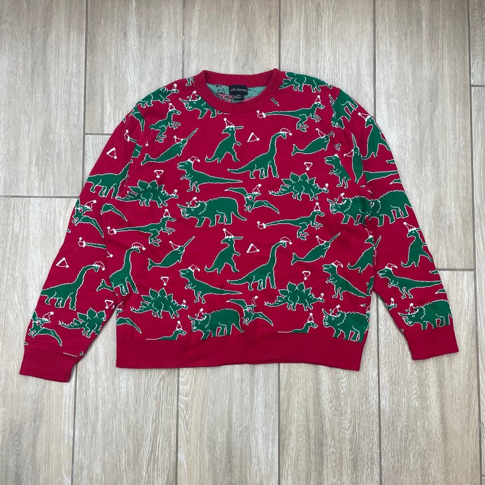 Alex Stevens Christmas Sweater Mens XXL Red Green Dinosaur Ugly Holiday Cotton